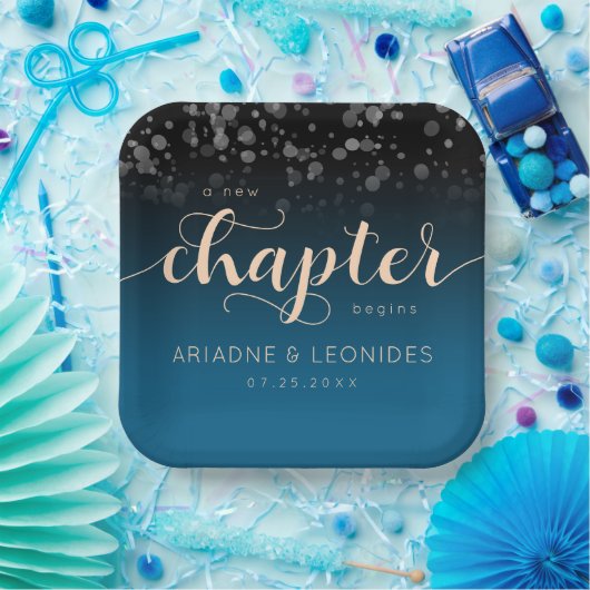 Elegant Peach Oceanic Blue Wedding a New Chapter Papieren Bordje (Feest)