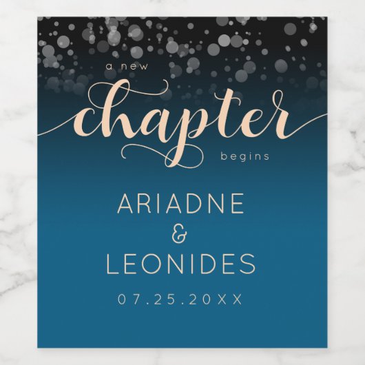 Elegant Peach Oceanic Blue Wedding a New Chapter Wijn Etiket (Enkel label)