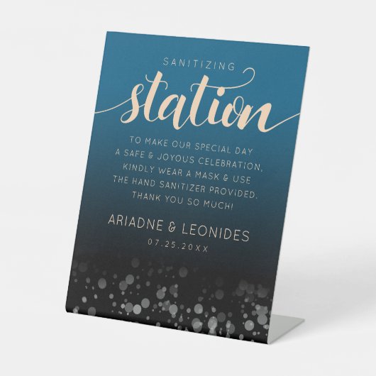 Elegant Peach Oceanic Blue Wedding Sanitizing Reclamebord Met Voetstuk (Voorkant)