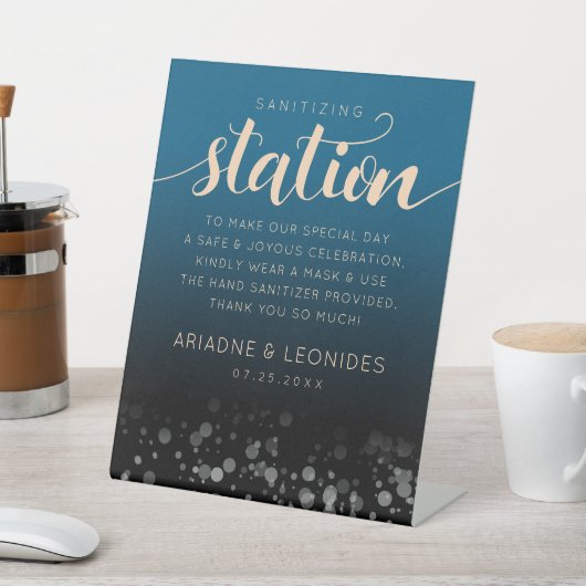 Elegant Peach Oceanic Blue Wedding Sanitizing Reclamebord Met Voetstuk (Insitu)