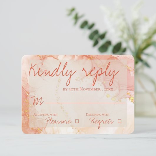Elegant Peach Oranje Gold Marble Cute Wedding RSVP Kaartje (Staand voorkant)