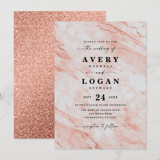 Elegant Peach Oranje Marmer & Glitter Wedding Kaart (Voorkant / Achterkant)