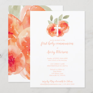 Elegant Peach Peonies Cross First Heilige Communie Kaart