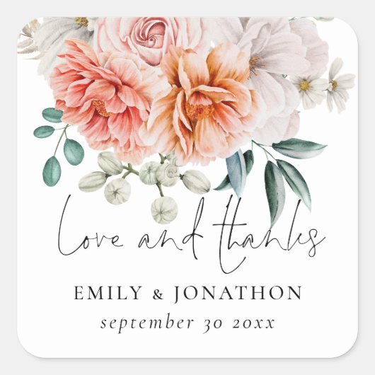 Elegant Peach Peonies Florals Love and Bedankt Vierkante Sticker (Voorkant)