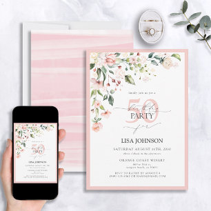 Elegant Peach Pink Bloemen Script 50ste Verjaardag Kaart