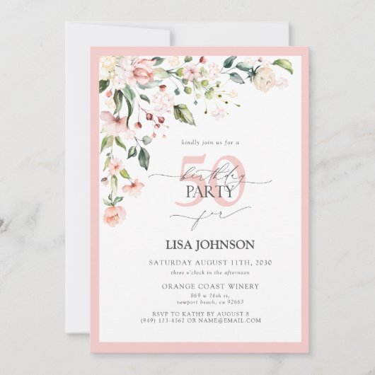 Elegant Peach Pink Bloemen Script 50ste Verjaardag Kaart (Voorkant)
