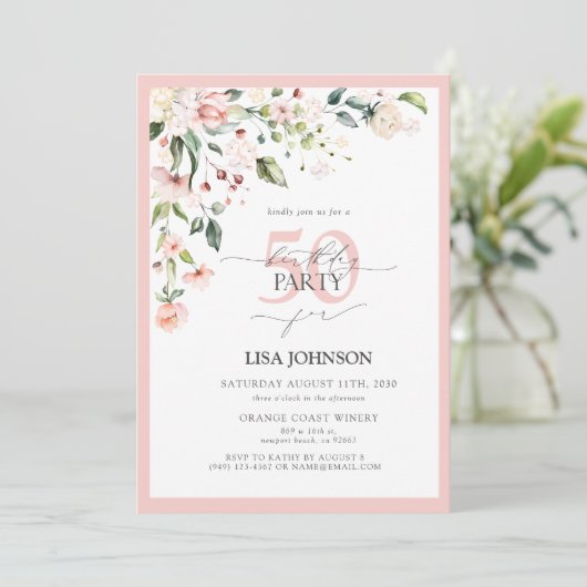 Elegant Peach Pink Bloemen Script 50ste Verjaardag Kaart (Staand voorkant)