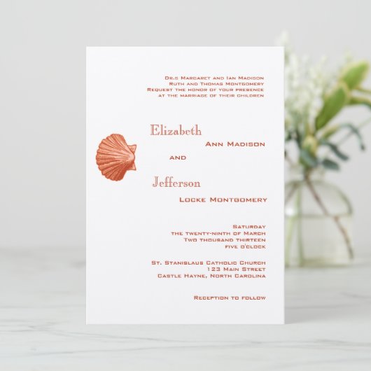 Elegant Peach Rattan Seashell Weddenschap Kaart (Staand voorkant)