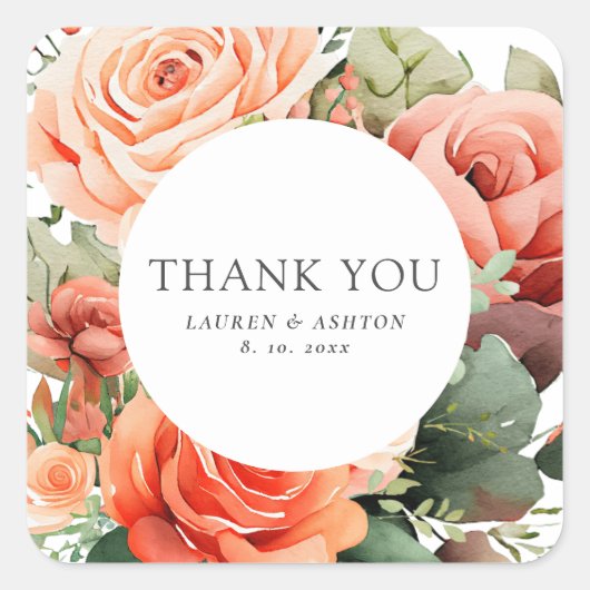 Elegant Peach Roos bruiloft dank u Vierkante Sticker (Voorkant)