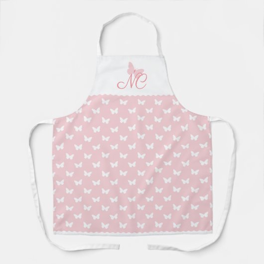 Elegant Peach Roze Monogram Vlinderpatroon Schort (Voorkant)