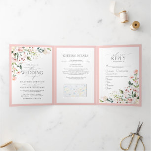 Elegant Peach roze Waterverf Floral maaltijden bru Drieluik Uitnodiging