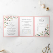 Elegant Peach roze Waterverf Floral maaltijden bru Drieluik Uitnodiging (Binnen)