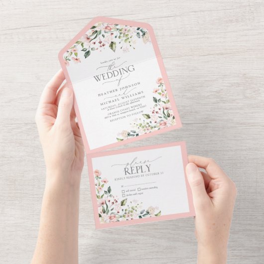 Elegant Peach roze Waterverf Floral Wedding All In One Uitnodiging (Afscheurbaar)