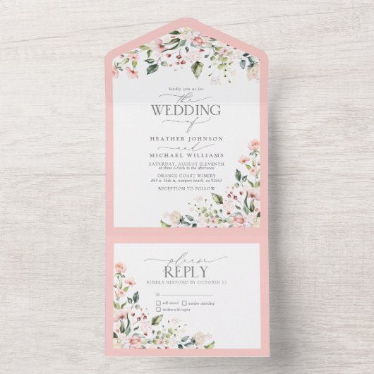Elegant Peach roze Waterverf Floral Wedding All In One Uitnodiging (Binnen)