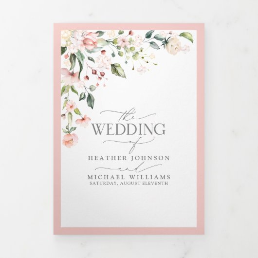 Elegant Peach roze Waterverf Floral Wedding Drieluik Uitnodiging (Cover)