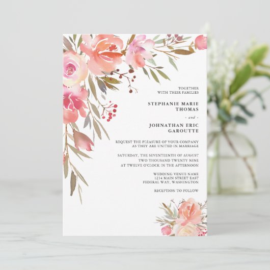 Elegant Peach roze Waterverf Floral Wedding Kaart (Staand voorkant)