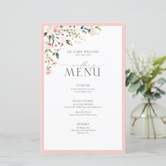 Elegant Peach roze Waterverf Floral Wedding Menu (Staand voorkant)