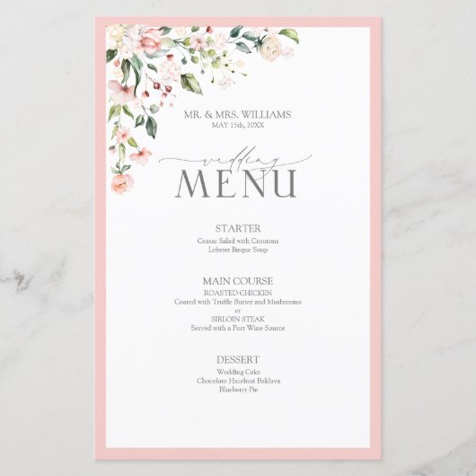 Elegant Peach roze Waterverf Floral Wedding Menu (Voorkant)