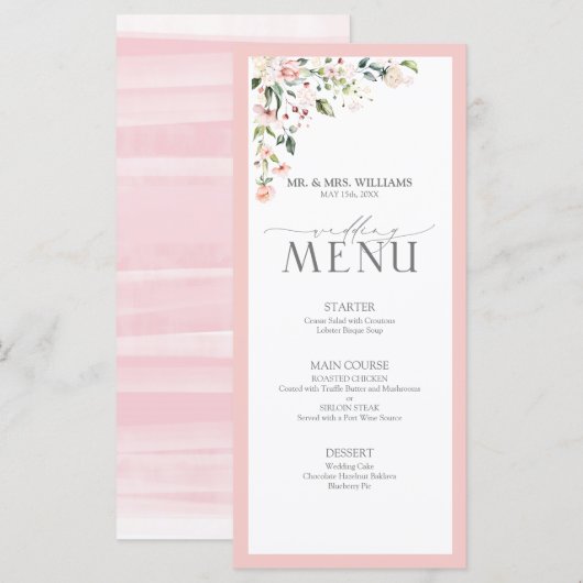 Elegant Peach roze Waterverf Floral Wedding Menu (Voorkant / Achterkant)