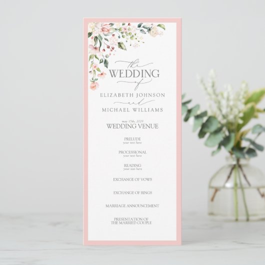 Elegant Peach roze Waterverf Floral Wedding Programmakaart (Staand voorkant)