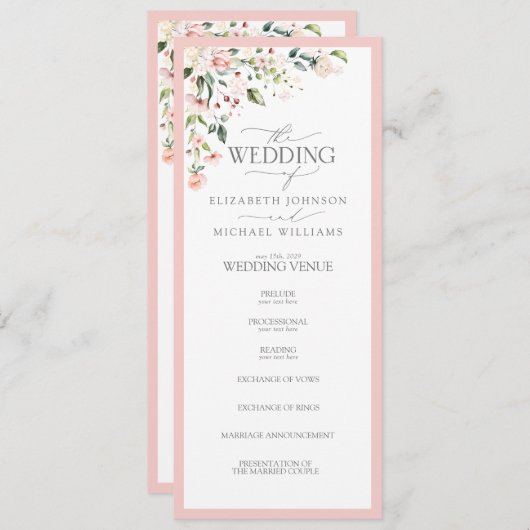 Elegant Peach roze Waterverf Floral Wedding Programmakaart (Voorkant / Achterkant)
