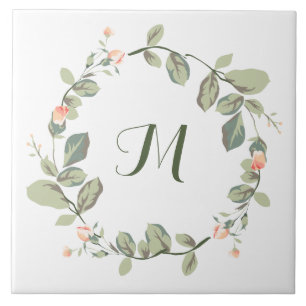 Elegant  Peach Rozen Greenery Monogramed Tegeltje
