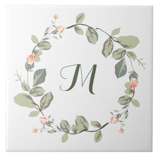 Elegant  Peach Rozen Greenery Monogramed Tegeltje (Voorkant)