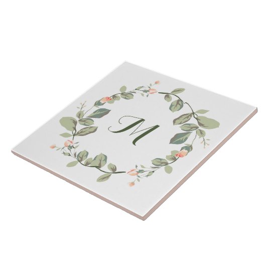 Elegant Peach Rozen Greenery Monogramed Tegeltje (Zijkant)