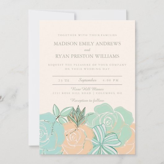 Elegant Peach Rozen Mint Floral Wedding Invitation Kaart (Voorkant)