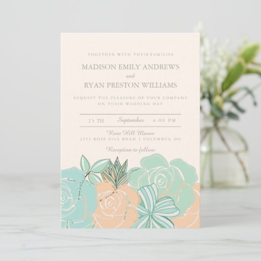 Elegant Peach Rozen Mint Floral Wedding Invitation Kaart (Staand voorkant)