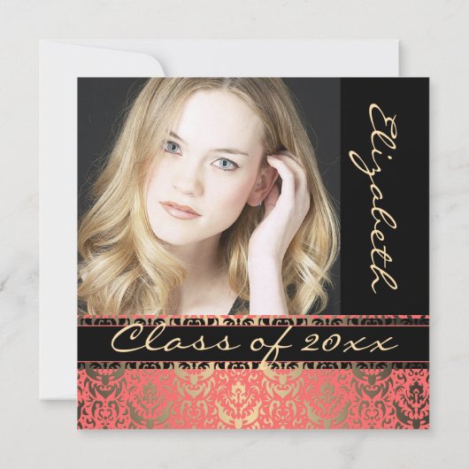 Elegant Peach Shimmer Damask Afstuderen Aankondiging (Achterkant)