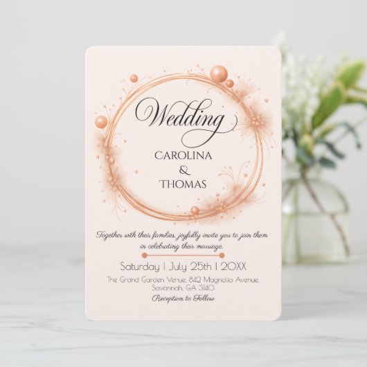 Elegant Peach Sparkle Wedding Script Calligraphy Kaart (Staand voorkant)