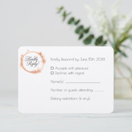Elegant Peach Sparkle Wedding Script Calligraphy RSVP Kaartje (Staand voorkant)