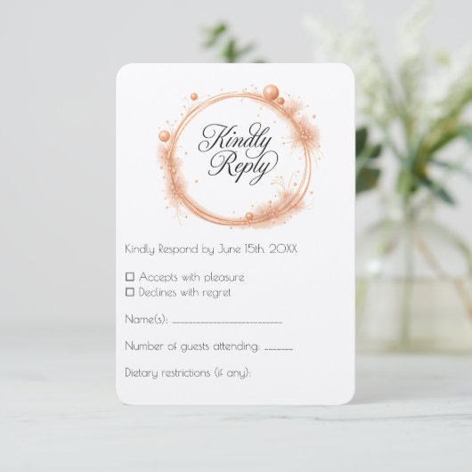 Elegant Peach Sparkle Wedding Script Calligraphy RSVP Kaartje (Staand voorkant)