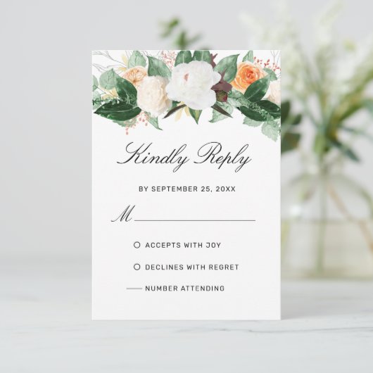 Elegant Peach Waterverf Floral Wedding RSVP Kaartje (Staand voorkant)