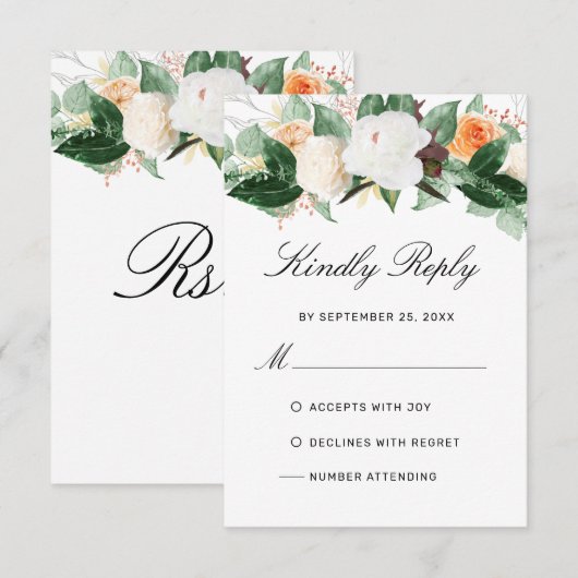 Elegant Peach Waterverf Floral Wedding RSVP Kaartje (Voorkant / Achterkant)