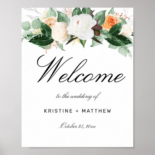 Elegant Peach Waterverf Floral Wedding Welcome Poster (Voorkant)