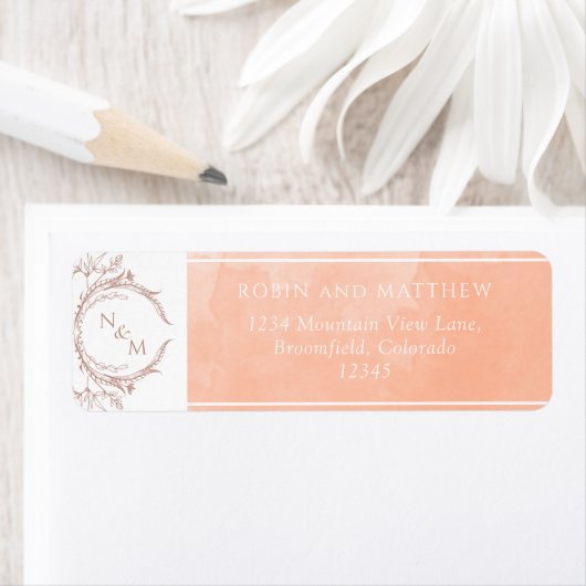 Elegant Peach Waterverf Monogram Return Address Etiket (Insitu)