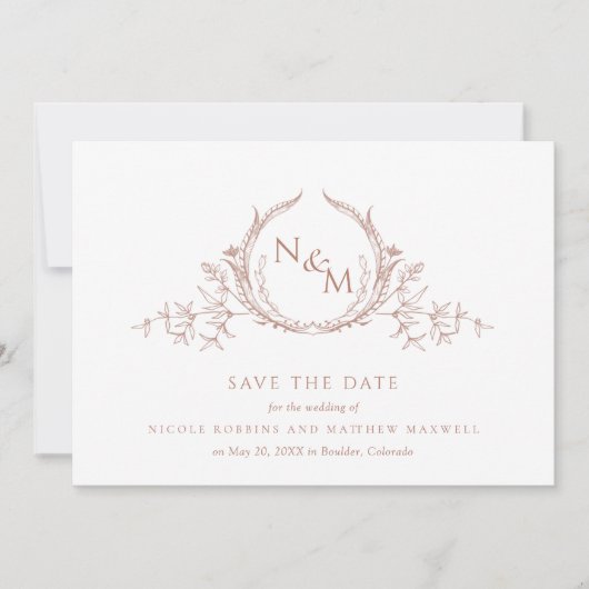 Elegant Peach Waterverf Monogram Weddenschap Save The Date (Voorkant)
