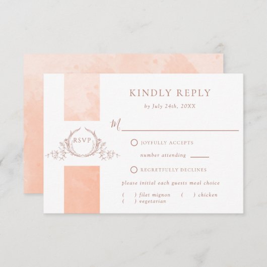 Elegant Peach Waterverf Wedding Monogram RSVP (Voorkant / Achterkant)