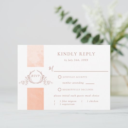 Elegant Peach Waterverf Wedding Monogram RSVP Kaartje (Staand voorkant)