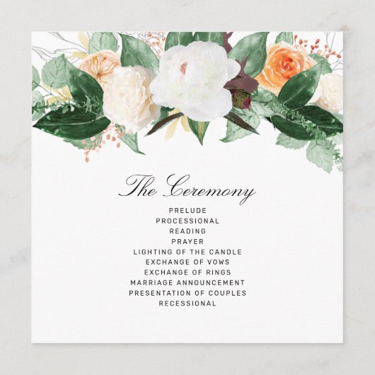 Elegant Peach White Herfst Waterverf Floral Weddin Programmakaart (Achterkant)
