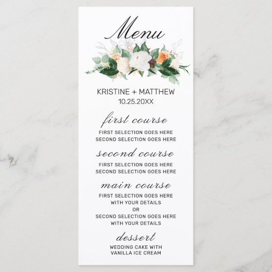 Elegant Peach White Waterverf Floral Fall Wedding Menu (Voorkant)