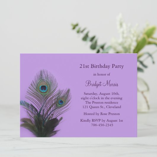 Elegant Peacock 21st Birthday Invitation Kaart (Staand voorkant)