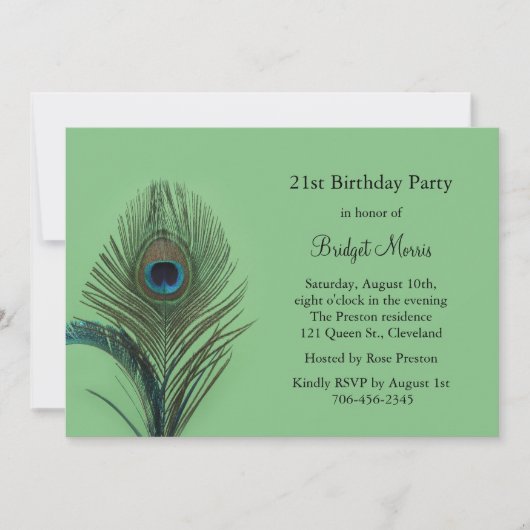 Elegant Peacock 21st Birthday Invitation Kaart (Voorkant)