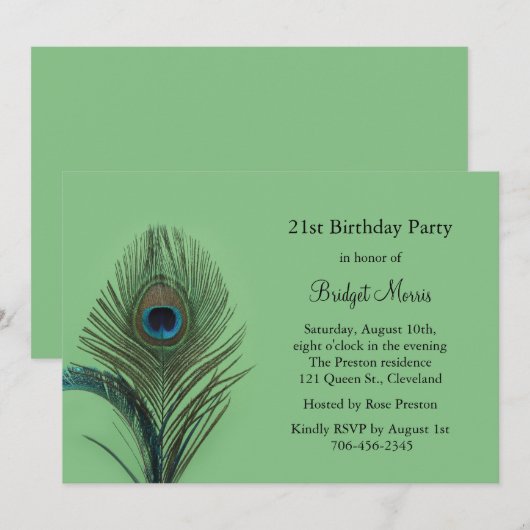 Elegant Peacock 21st Birthday Invitation Kaart (Voorkant / Achterkant)
