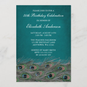 Elegant Peacock 50th Birthday Party Invitations Kaart