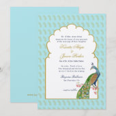 Elegant Peacock Aqua & Gold Indian Wedding Kaart (Voorkant / Achterkant)