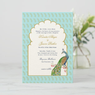 Elegant Peacock Aqua & Gold Indian Wedding Kaart