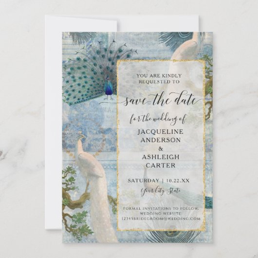 Elegant Peacock Birds Gold Glitter Script Save The Date (Voorkant)